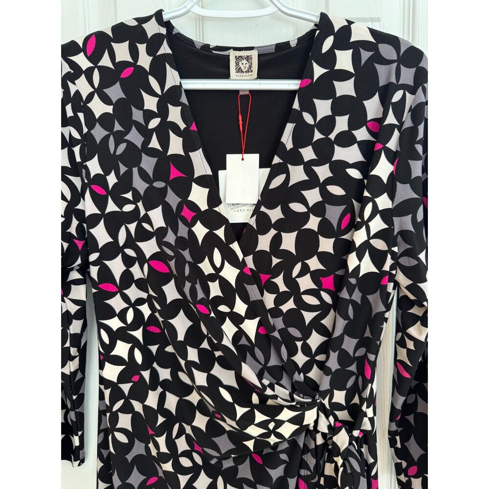 Anne Klein Black Pink Geometric Print Faux Wrap Midi Dress Sz Large Career NWT - Picture 8 of 13